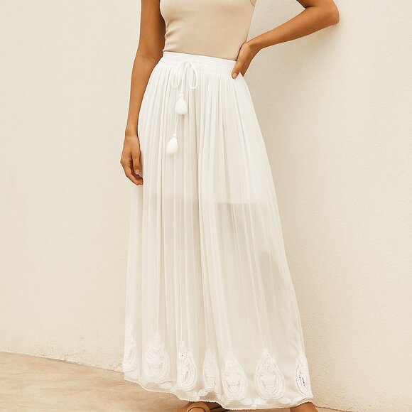 Trafulac Zara White Chiffon Lace Embroidered Elasticized Waist Maxi Skirt Size S - Picture 1 of 8